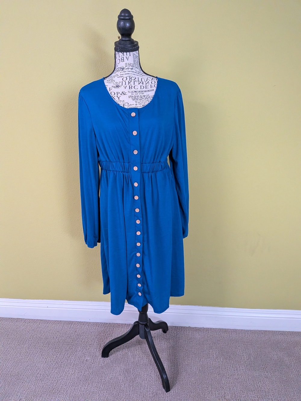 Blue Button-Front Long Sleeve Dress